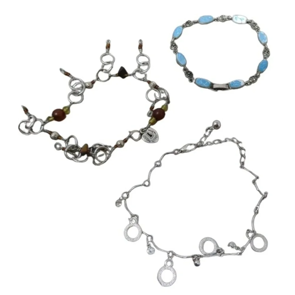 Vintage Silvertone Metal Bracelets Charms‎ Stones Beads Lot of 3